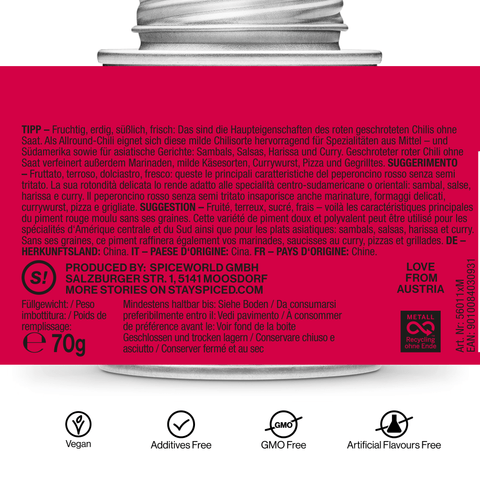 Chili / Peperoncino rot mild geschrotet ohne Saat - STAY SPICED ! - 56011xM