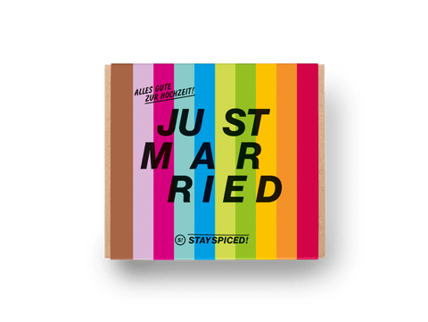 Banderolen "JUST MARRIED" BUNT für GENUSSBOX - LOSE - STAY SPICED ! - 90098x