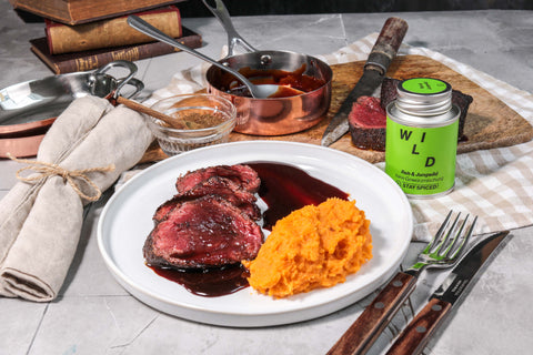 Rehfilets mit Glühweinsauce und Süßkartoffelpüree