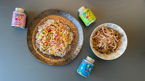 Zweierlei vom Kaninchen mit Puntarelle, gekochten Eiern und Eiernudeln