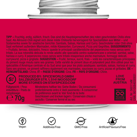 Chili / Peperoncino rot mild geschrotet ohne Saat